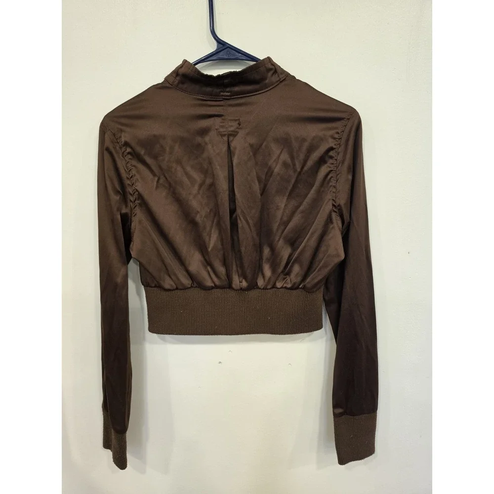 Wet Seal Womens L Brown Cropped Bomber Jacket Y2K Moto Zip Lightweight Coat